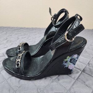 Coach Ellette Black Canvas Leather Wedge Heels Womens Size 7.5 Rose Tattoo